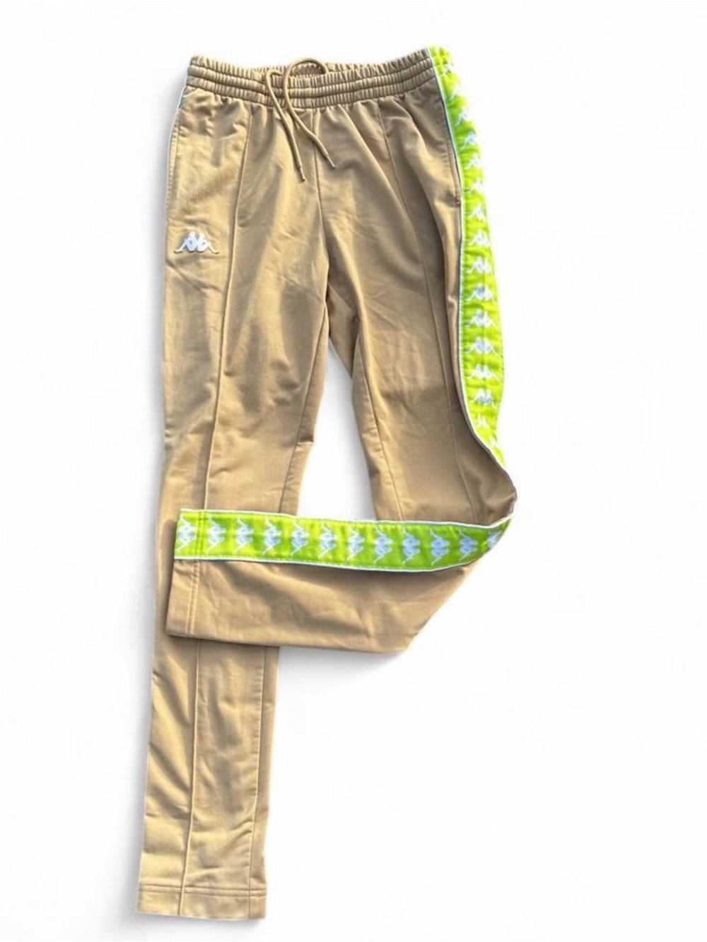 Kappa Tan Track Pants Side Tape Lime Green Logo Streetwear